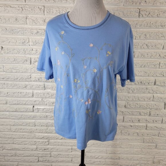 Keneth Too Womens Top Extra Large Tee XL Short Sleeve Blue Crochet BLU102E - Picture 1 of 7